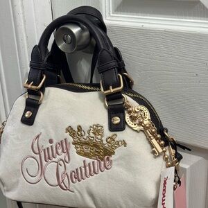 Brand New The Keys to Juicy Dome Black and Cream Satchel with Gold Accents